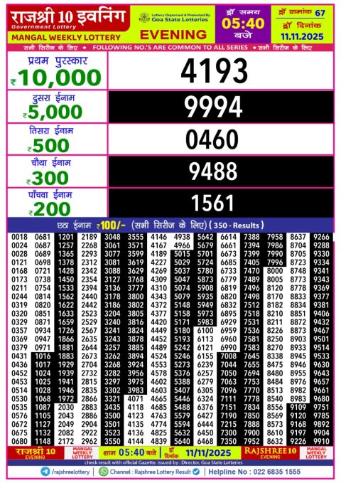 Rajshree 10 Evening Lottery 5.40pm Result 11.11.25 Everest Result Today Dear Lottery Chart