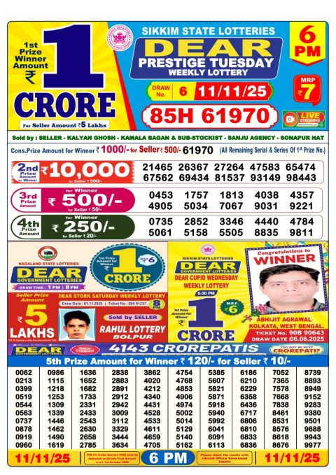 Dear Lottery 6pm Result 11.11.25 Everest Result Today Dear Lottery Chart