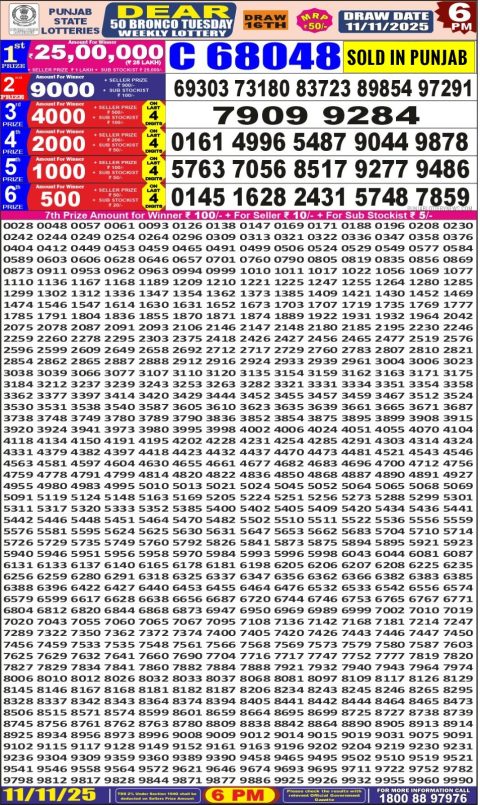 Punjab State Dear 50 Lottery 6pm Result 11.11.25 Everest Result Today Dear Lottery Chart