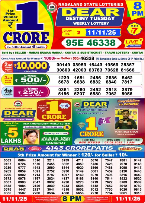 Dear Lottery 8pm Result 11.11.25 Everest Result Today Dear Lottery Chart