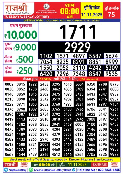 Rajshree Daily Lottery 8pm Result 11.11.25 Everest Result Today Dear Lottery Chart