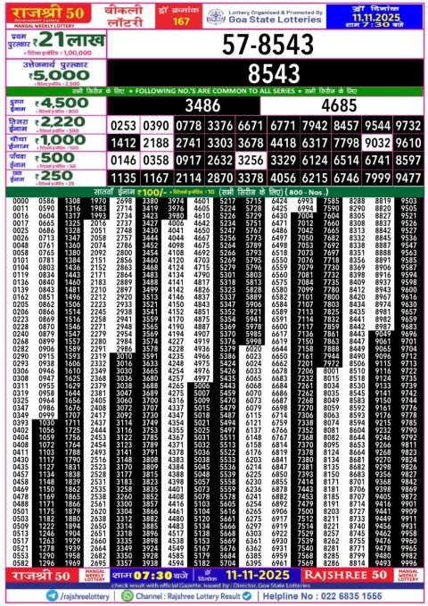 Rajshree 50 Daily Lottery 7.30pm Result 11.11.25 Everest Result Today Dear Lottery Chart