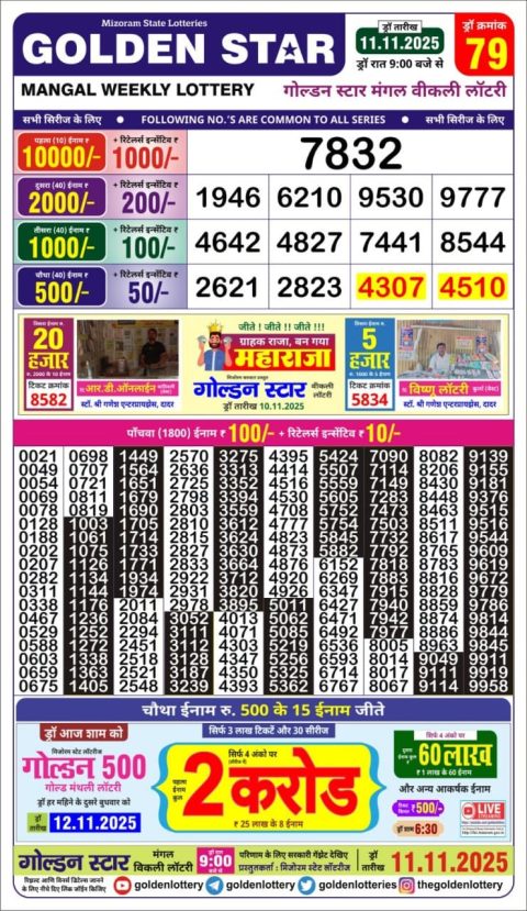 Golden Star Lottery Result 9pm 11.11.25 Everest Result Today Dear Lottery Chart