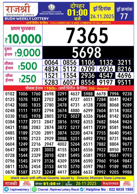 Rajshree Daily Lottery 1pm Result 26.11.25 Everest Result Today Dear Lottery Chart