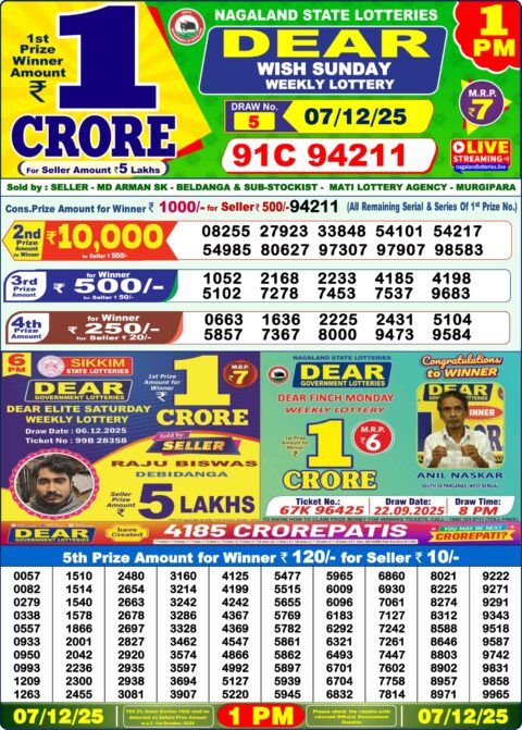 Dear Lottery 1pm Result 07.12.25 Everest Result Today Dear Lottery Chart