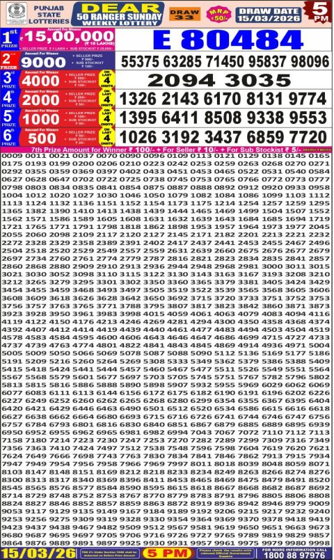 Punjab State Dear 50 Lottery Result 15.03.26 Everest Result Today Dear Lottery Chart