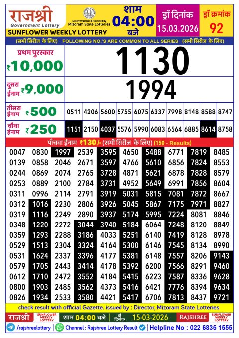 Rajshree Daily Lottery 4pm Result 15.03.26 Everest Result Today Dear Lottery Chart