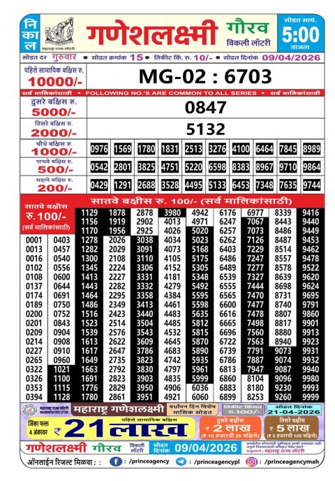 Maharashtra Ganesh Laxmi Lottery Result 09.04.26 Everest Result Today Dear Lottery Chart