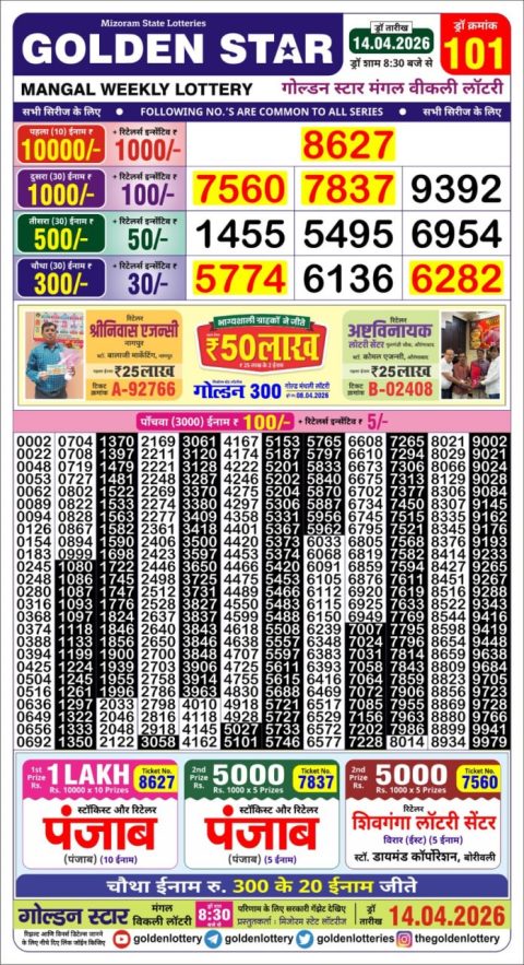 Golden Star Lottery 8:30PM Result 14.04.26 Everest Result Today Dear Lottery Chart