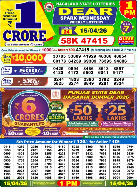 Dear Lottery 1pm Result 15.04.26 Everest Result Today Dear Lottery Chart