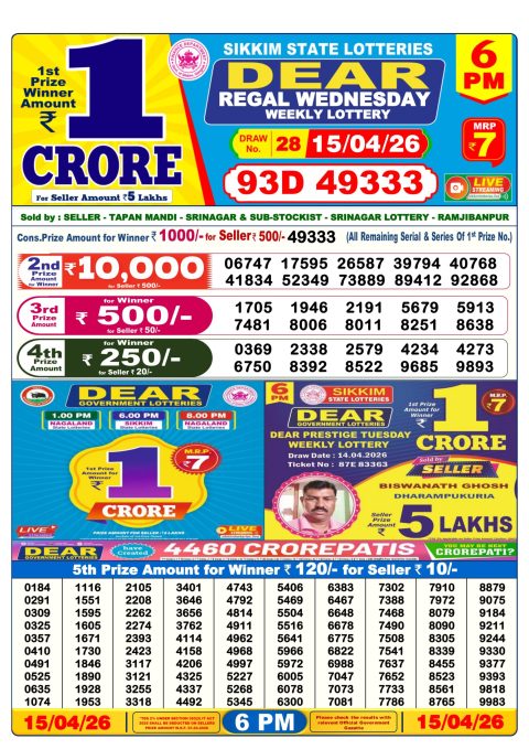 Dear Lottery 6pm Result 15.04.26 Everest Result Today Dear Lottery Chart