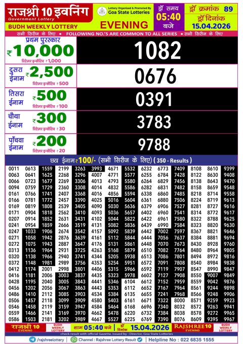 Rajshree 10 Evening Weekly Lottery 5.40pm Result 15.04.26 Everest Result Today Dear Lottery Chart