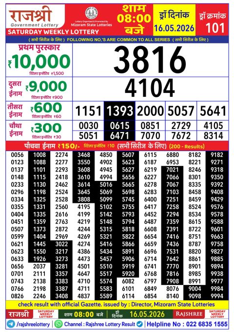 Rajshree Daily Lottery 8pm Result 16.05.26 Everest Result Today Dear Lottery Chart