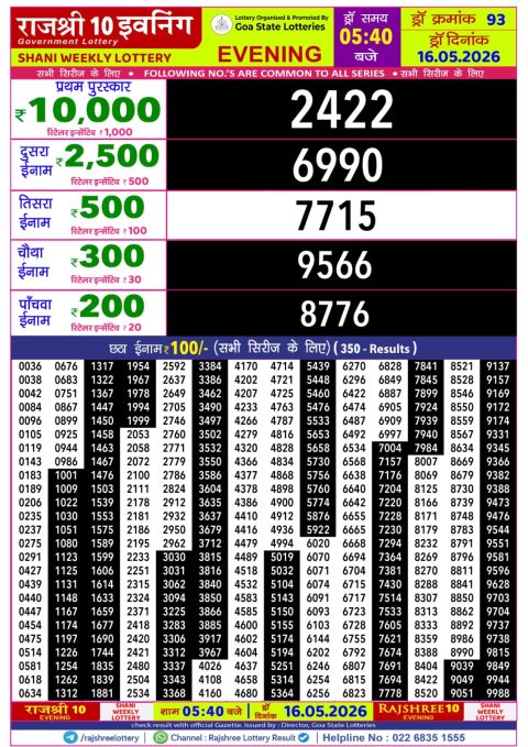 Rajshree 10 Evening Lottery 5.40pm Result 16.05.26 Everest Result Today Dear Lottery Chart