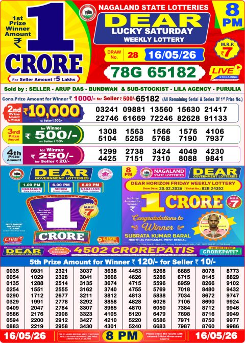 Dear Lottery 8pm Result 16.05.26 Everest Result Today Dear Lottery Chart