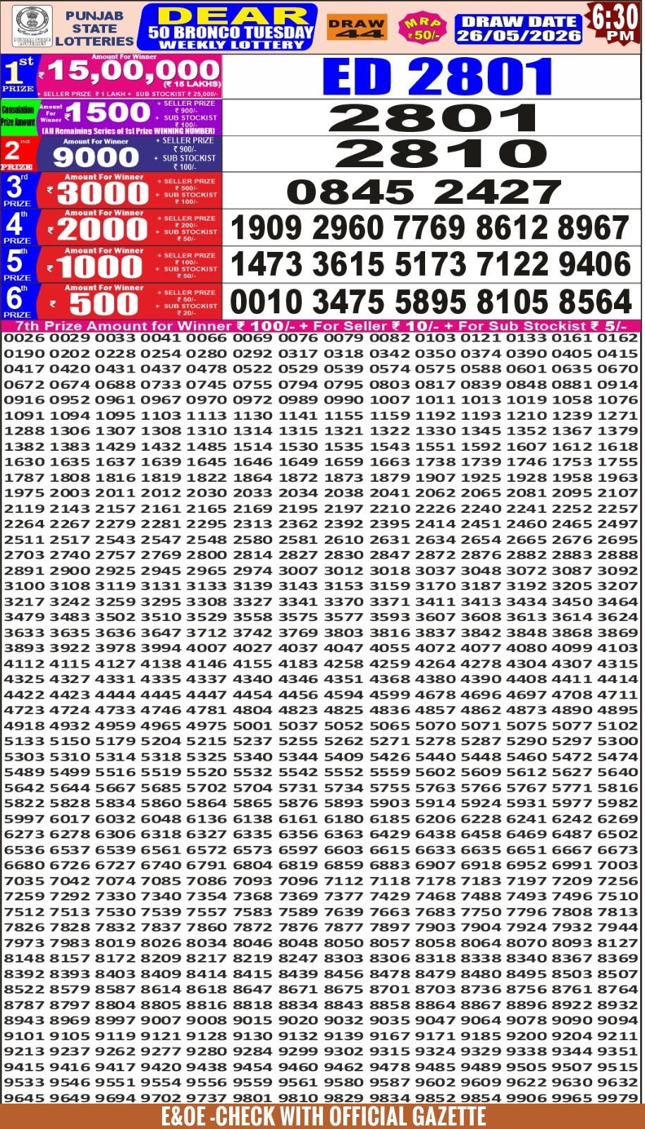 Everest Result Today Dear Lottery Chart
