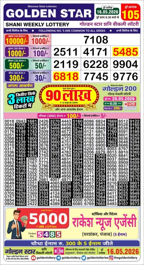 Golden Star Lottery 8:30PM Result 16.05.26 Everest Result Today Dear Lottery Chart