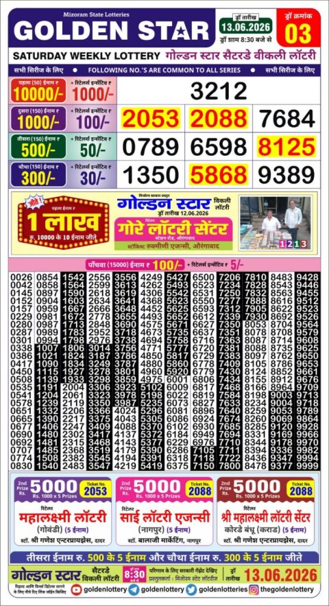 Golden Star Lottery 8:30PM Result 13.06.26 Everest Result Today Dear Lottery Chart