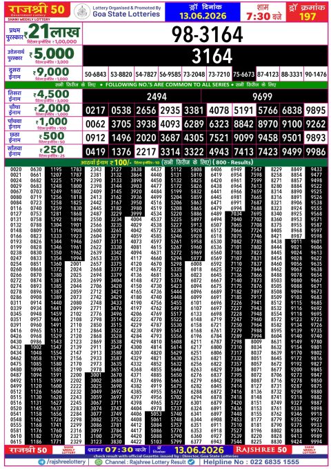 Rajshree 50 Daily Lottery 7.30pm Result 13.06.26 Everest Result Today Dear Lottery Chart