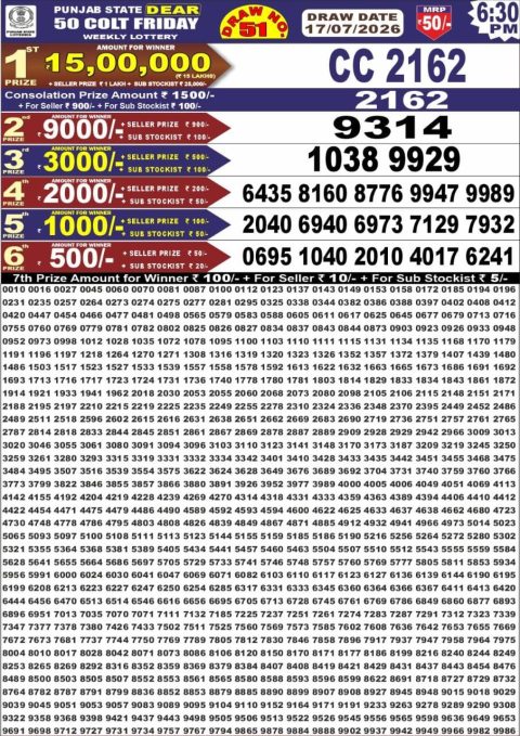 Punjab State Dear 50 Lottery 6:30pm Result 17.07.26 Everest Result Today Dear Lottery Chart