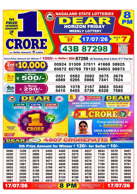 Dear Lottery 8pm Result 17.07.26 Everest Result Today Dear Lottery Chart