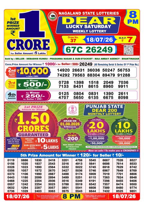 Dear Lottery 8pm Result 18.07.26 Everest Result Today Dear Lottery Chart