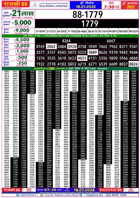 Rajshree 50 Daily Lottery 7.30pm Result 18.07.26 Everest Result Today Dear Lottery Chart
