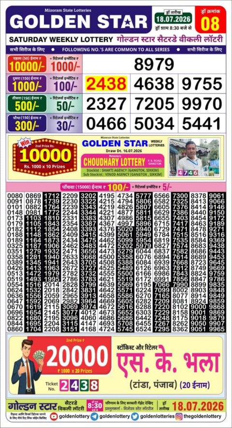 Golden Star Lottery 8:30PM Result 18.07.26 Everest Result Today Dear Lottery Chart