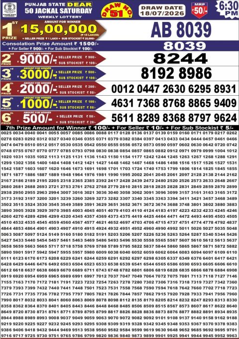 Punjab State Dear 50 Lottery Result 6:30pm 18.07.26 Everest Result Today Dear Lottery Chart