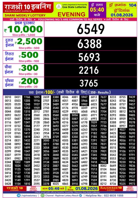 Rajshree 10 Evening Lottery 5.40pm Result 01.08.26 Everest Result Today Dear Lottery Chart