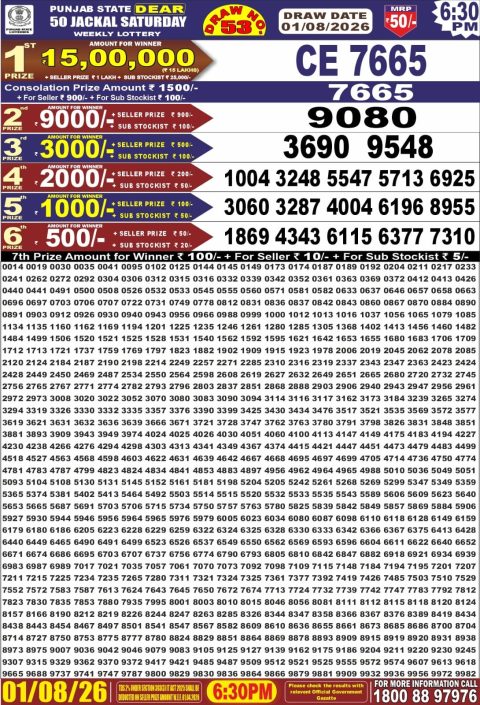 Punjab State Dear 50 Lottery Result 6:30pm 01.08.26 Everest Result Today Dear Lottery Chart