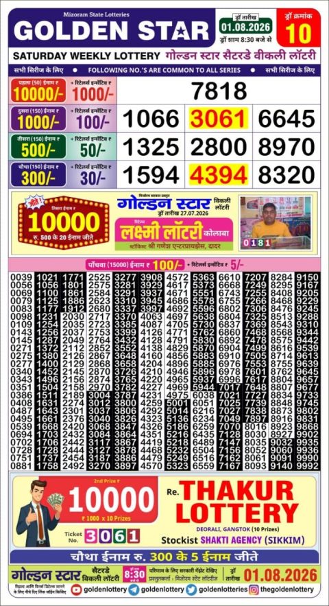 Golden Star Lottery 8:30PM Result 01.08.26 Everest Result Today Dear Lottery Chart
