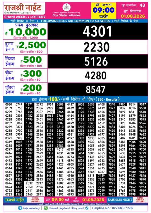Rajshree Night Weekly Lottery Result 9pm 01.08.26 Everest Result Today Dear Lottery Chart