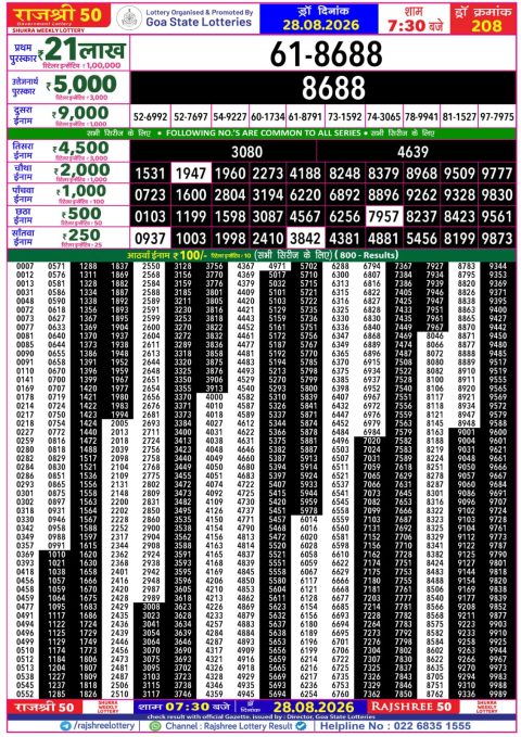 Rajshree 50 Daily Lottery 7.30pm Result 28.08.26 Everest Result Today Dear Lottery Chart