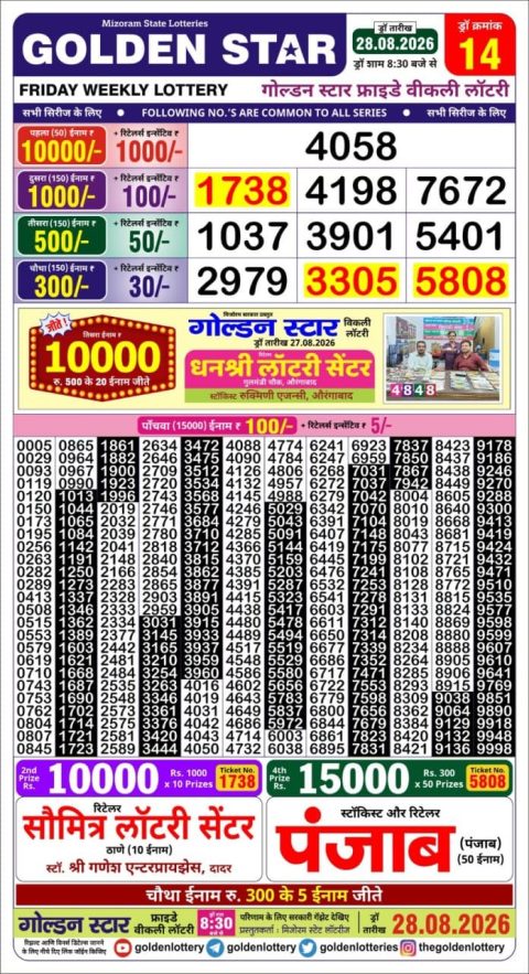 Golden Star Lottery 8:30PM Result 28.08.26 Everest Result Today Dear Lottery Chart