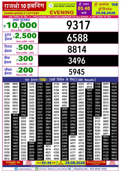 Rajshree 10 Evening Lottery 5.40pm Result 29.08.26 Everest Result Today Dear Lottery Chart