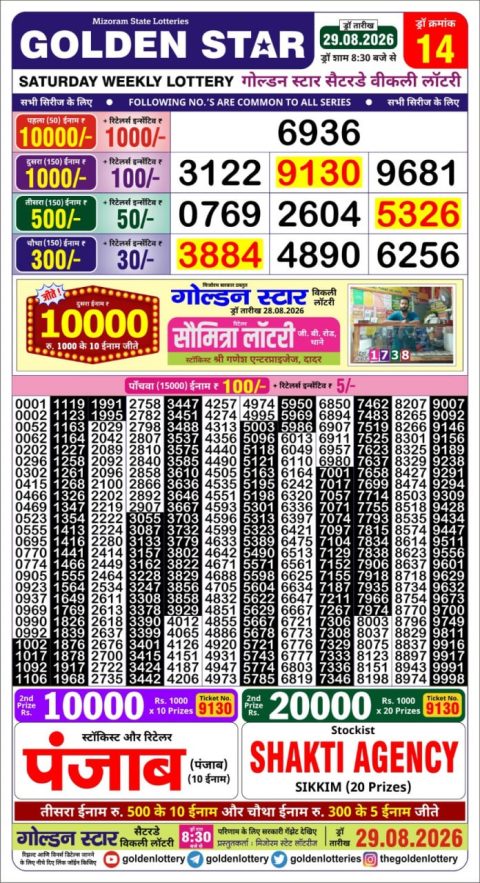 Golden Star Lottery 8:30PM Result 29.08.26 Everest Result Today Dear Lottery Chart