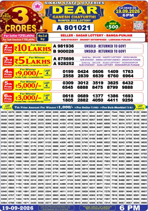 Dear Ganesh Chaturthi Bumper Lottery Result 19.09.26 Everest Result Today Dear Lottery Chart