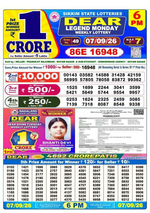 Dear Lottery 6pm Result 07.09.26 Everest Result Today Dear Lottery Chart