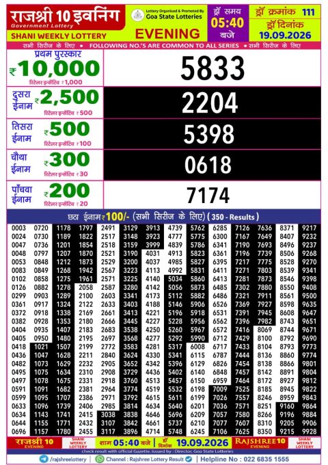 Rajshree 10 Evening Lottery 5.40pm Result 19.09.26 Everest Result Today Dear Lottery Chart