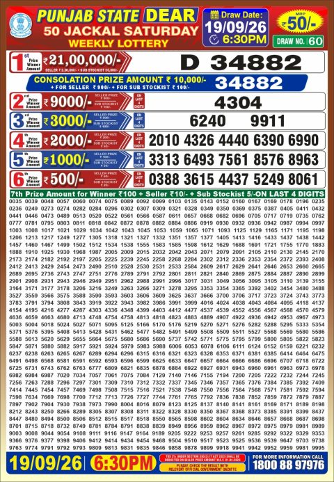 Punjab State Dear 50 Lottery Result 6:30pm 19.09.26 Everest Result Today Dear Lottery Chart