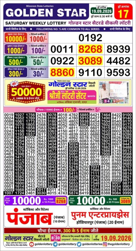 Golden Star Lottery 8:30PM Result 19.09.26 Everest Result Today Dear Lottery Chart