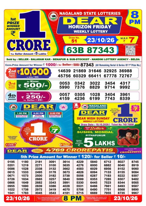 Dear Lottery 8pm Result 23.10.26 Everest Result Today Dear Lottery Chart