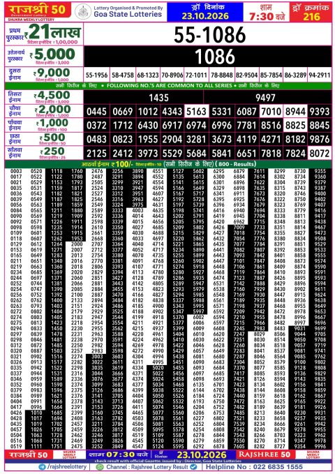 Rajshree 50 Daily Lottery 7.30pm Result 23.10.26 Everest Result Today Dear Lottery Chart