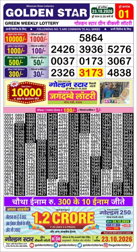 Golden Star Lottery 8:30PM Result 23.10.26 Everest Result Today Dear Lottery Chart