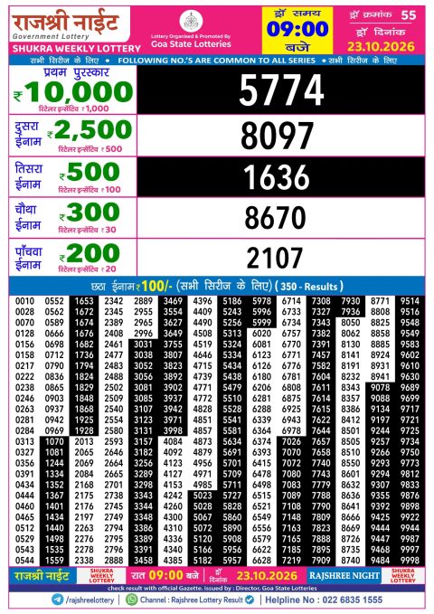 Rajshree Night Weekly Lottery Result 9pm 23.10.26 Everest Result Today Dear Lottery Chart