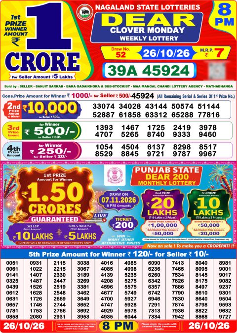 Dear Lottery 8pm Result 26.10.26 Everest Result Today Dear Lottery Chart
