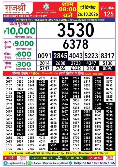 Rajshree Daily Lottery 8pm Result 26.10.26 Everest Result Today Dear Lottery Chart