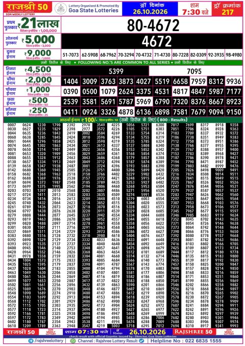 Rajshree 50 Daily Lottery 7.30pm Result 26.10.26 Everest Result Today Dear Lottery Chart