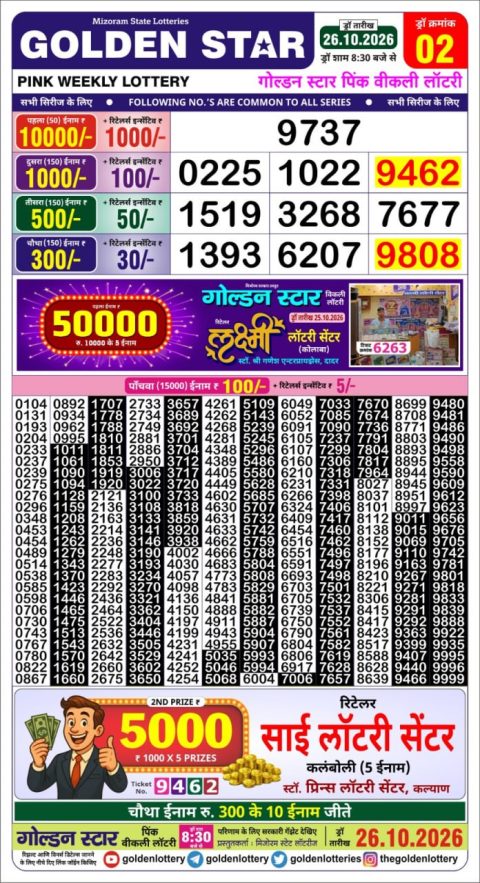 Golden Star 8:30PM Lottery Result 26.10.26 Everest Result Today Dear Lottery Chart